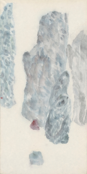 《袁慧莉YUAN Hui-Li：A Maverick in Shanshui》摘錄作品：《孤山水No. 38》，宣紙拼貼、彩墨，90×45 cm，2017